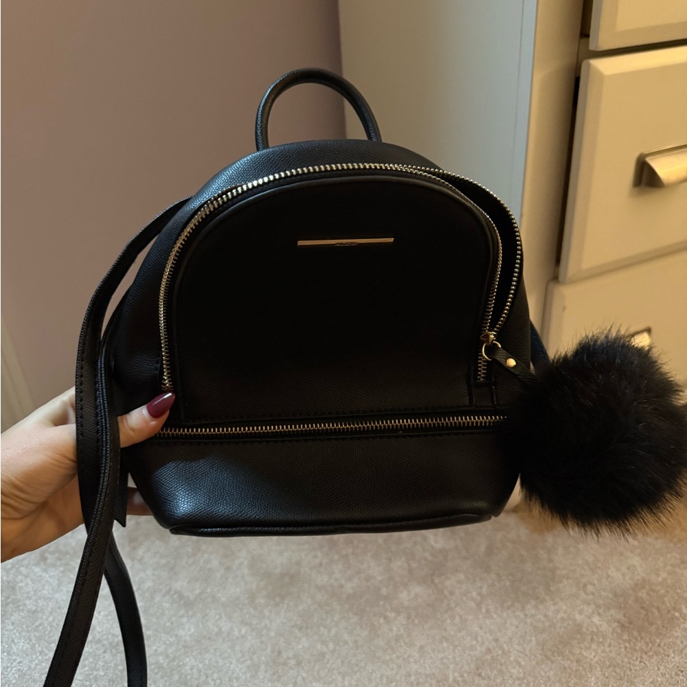 Aldo Black Backpack with Pom-Pom